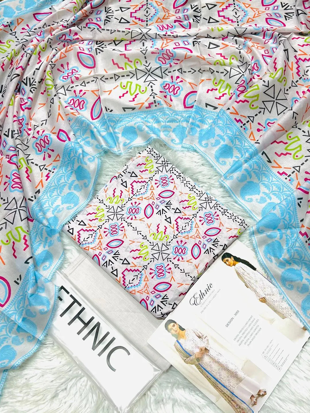 3 Pcs Women's Unstitched Digital Print Suit - White with Geometric Print