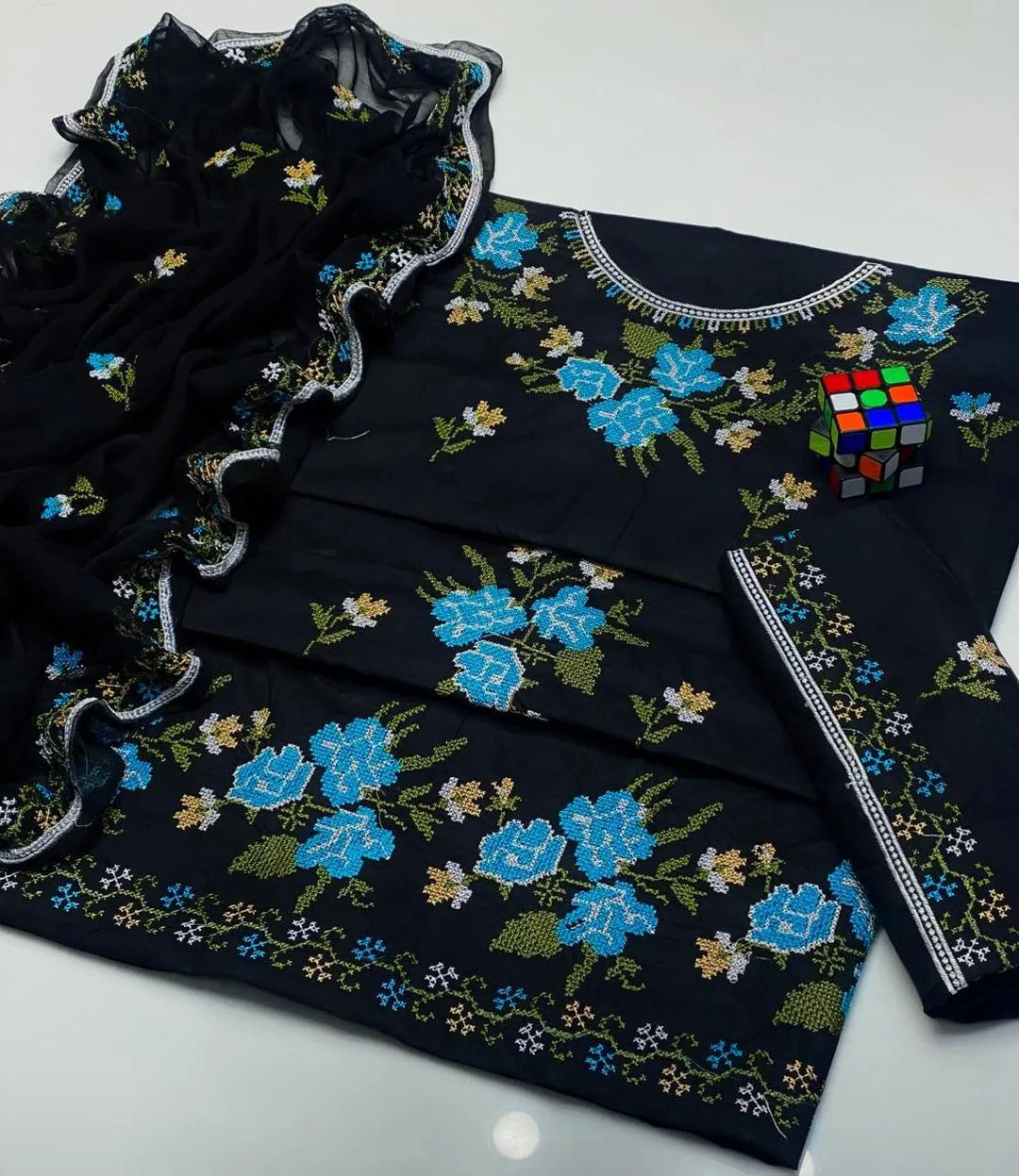 Black Embroidered Suit with Turquoise Florals